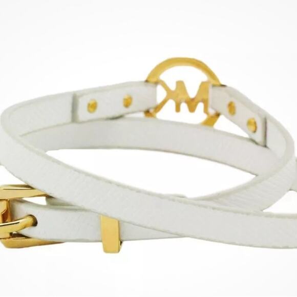 MICHAEL KORS GOLD TONE,PAVE,LOGO,DOUBLE WRAP OFF WHITE LEATHER BRACELET MKJ3853 - Picture 2 of 4